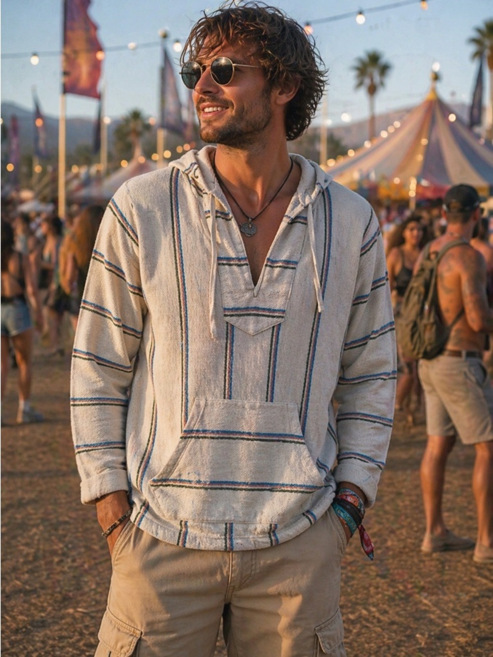 Natural Reflections Baja Hoodie Small | Striped Boho Festival Pullover